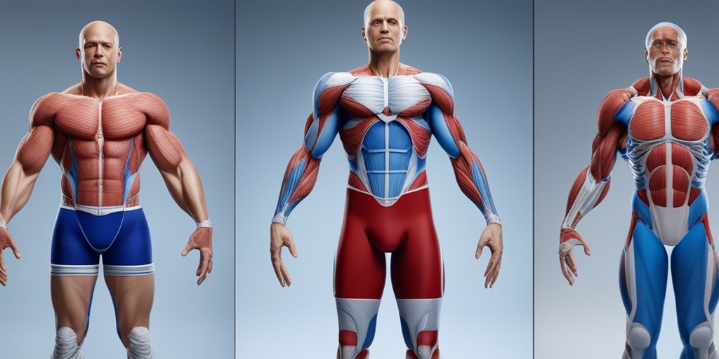 Split-screen comparison of different Muscular Dystrophy types with 3D rendered muscles and skeletal systems.