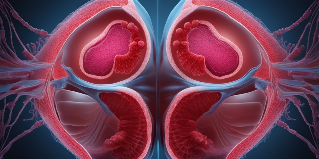 Split-screen comparison of healthy and infected bladder with subtle blue background and hints of red and pink.