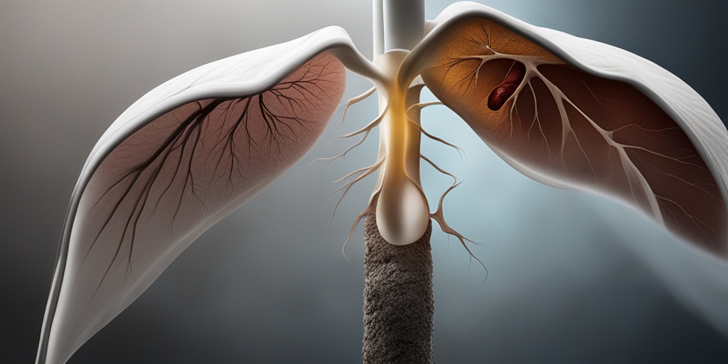 Split-screen comparison of healthy lung and lung damaged by radon gas with cinematic lighting.