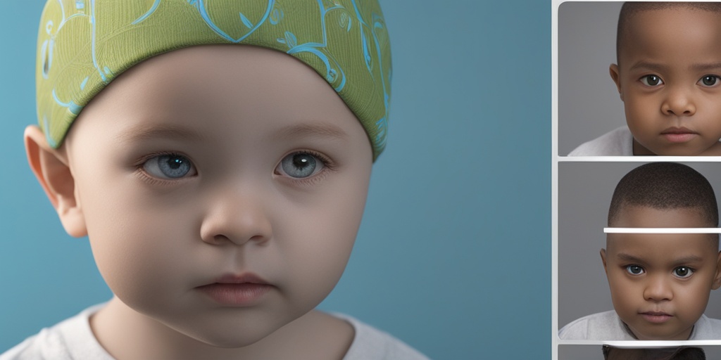 Split-screen image illustrating Pfeiffer Syndrome Type I symptoms with a 3D skull model and a child's portrait on a subtle blue background.