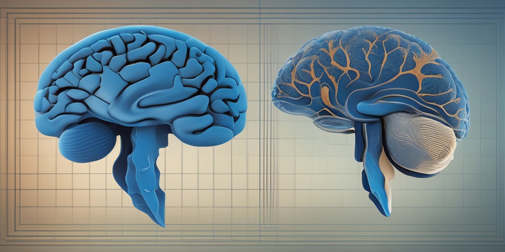 Split-screen image of healthy and affected brain models with delicate patterns symbolizing Leukodystrophy complexities.