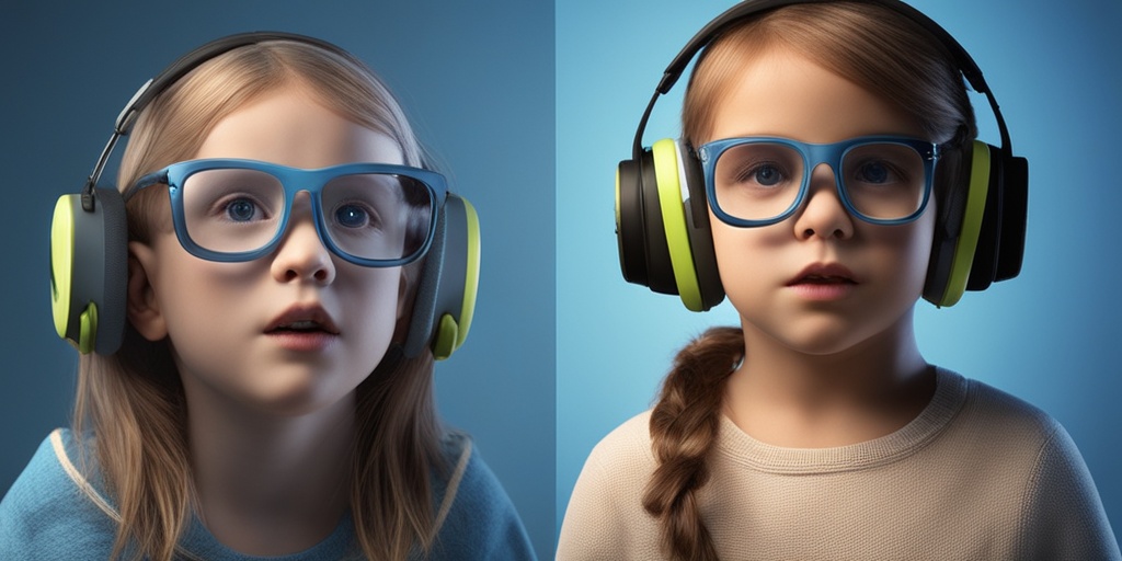 Split-screen image showing a child's face with hearing aid and glasses, and a chest X-ray with an oxygen mask.