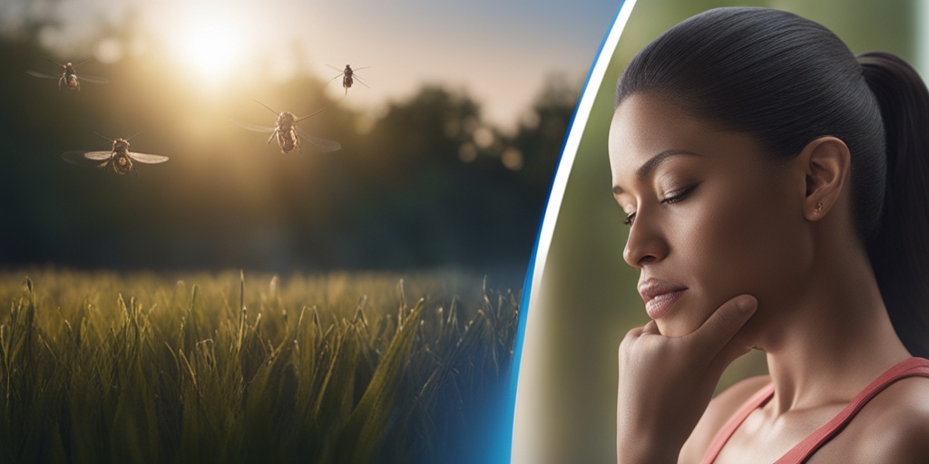 Split-screen image showing person with West Nile Fever symptoms and medical illustration highlighting affected body areas on a calming blue background.