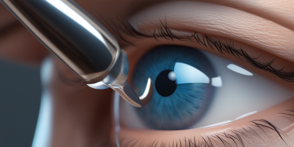 Surgeon performing cataract surgery, focusing on surgical instruments and the patient's eye, with calming blues and whites.