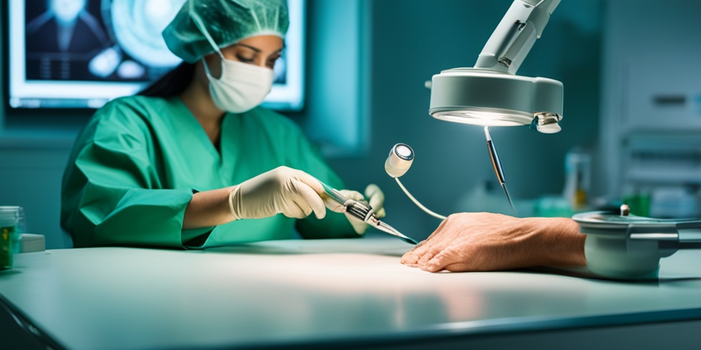 Surgeon performing laparoscopic surgery to remove ovarian tumor, highlighting medical equipment and expertise.