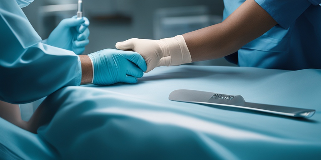 Surgeon performing open carpal tunnel release surgery with precision and care in sterile blue environment