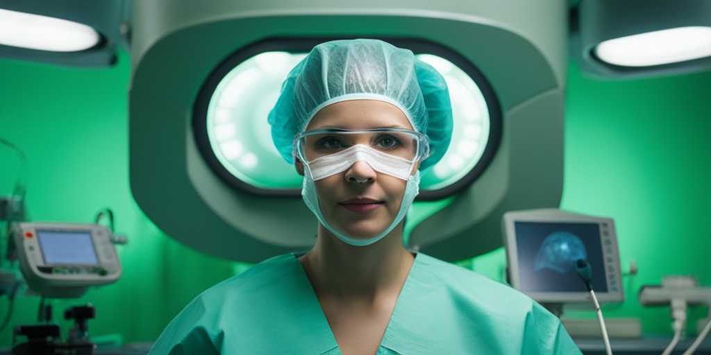 Surgeon performing operation with focus, green-tinted background, medical equipment.