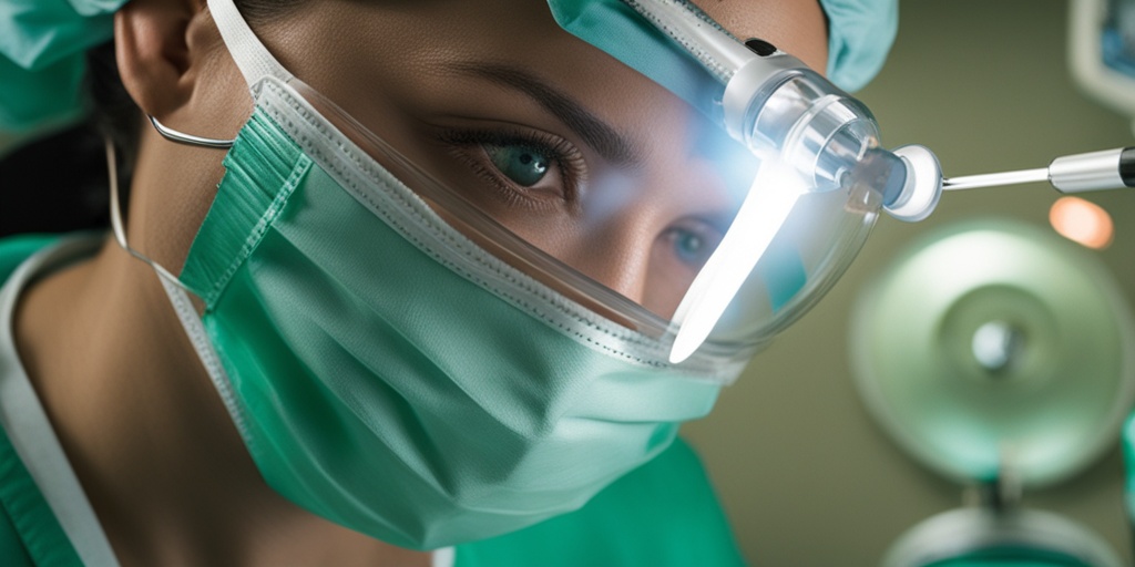 Surgeon performing orbital decompression surgery in a sterile hospital-like background with a green tint.