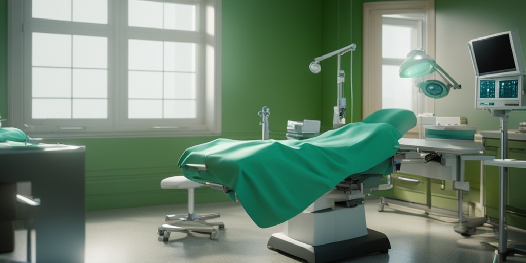 Surgeon performing spermatocele removal surgery with focus on medical instruments in green-tinted operating room.