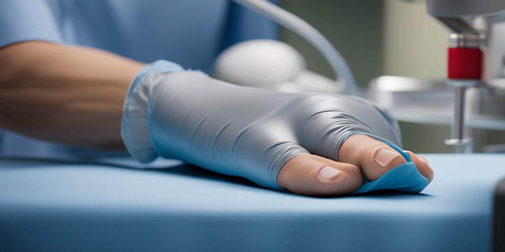 Surgeon performs surgical procedure to correct hammertoe in a sterile blue operating room with medical equipment.