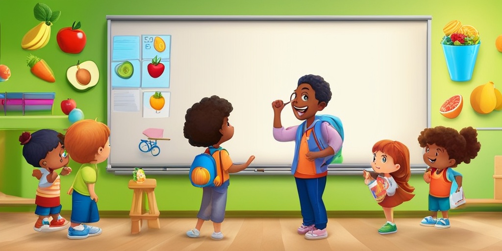 Teacher standing in front of a colorful, interactive whiteboard, teaching children about healthy eating habits with fun graphics.