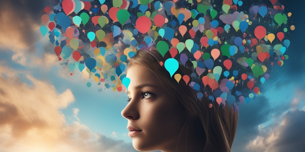 Teenager surrounded by thought bubbles representing causes of depression, with a harmonious blend of green and blue accents.