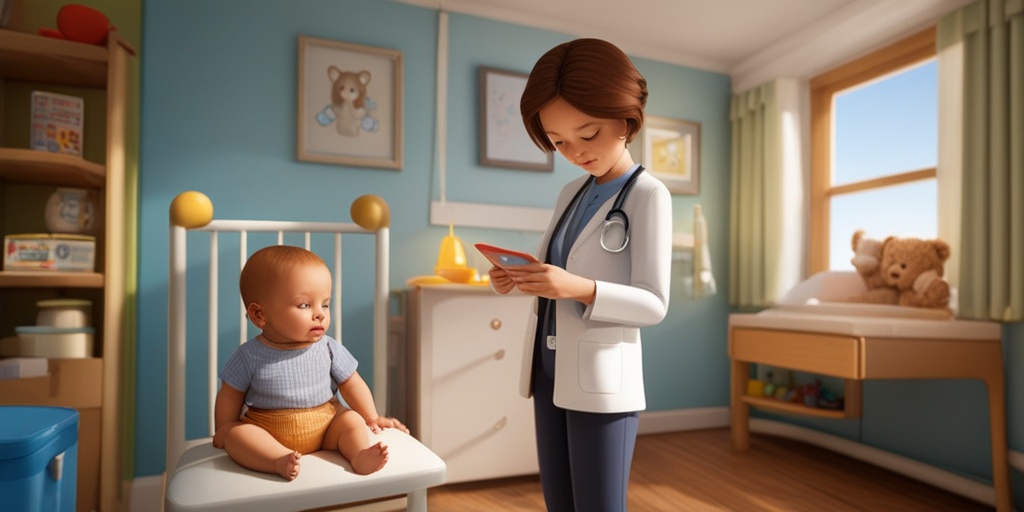 Toddler sits on examination table with thermometer and stethoscope, pediatrician examines with concern.