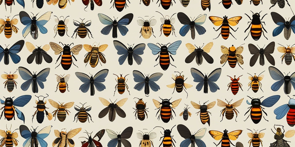 Various insects like bees, wasps, and fire ants arranged in a circular pattern on a neutral background.