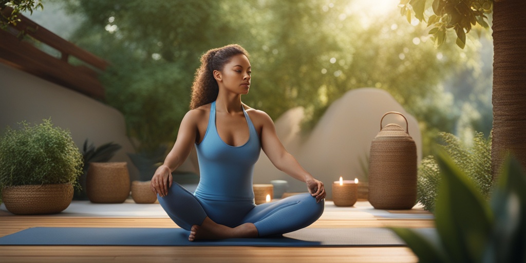 Woman practicing yoga in a serene outdoor setting, surrounded by calming props and healthy habits, to alleviate PMS symptoms.