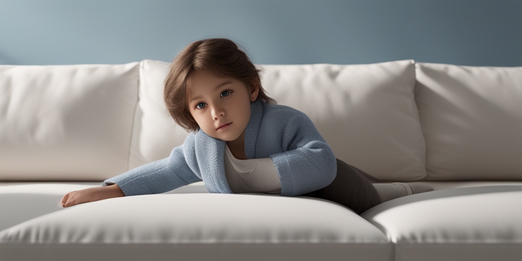 Young child sitting on a couch with eczema on their arms and legs in a calm atmosphere.