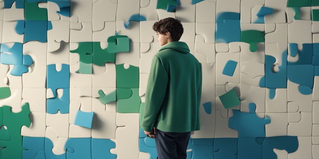 Young person standing in front of a large abstract puzzle, representing complexities of Understanding Bipolar Disorder.