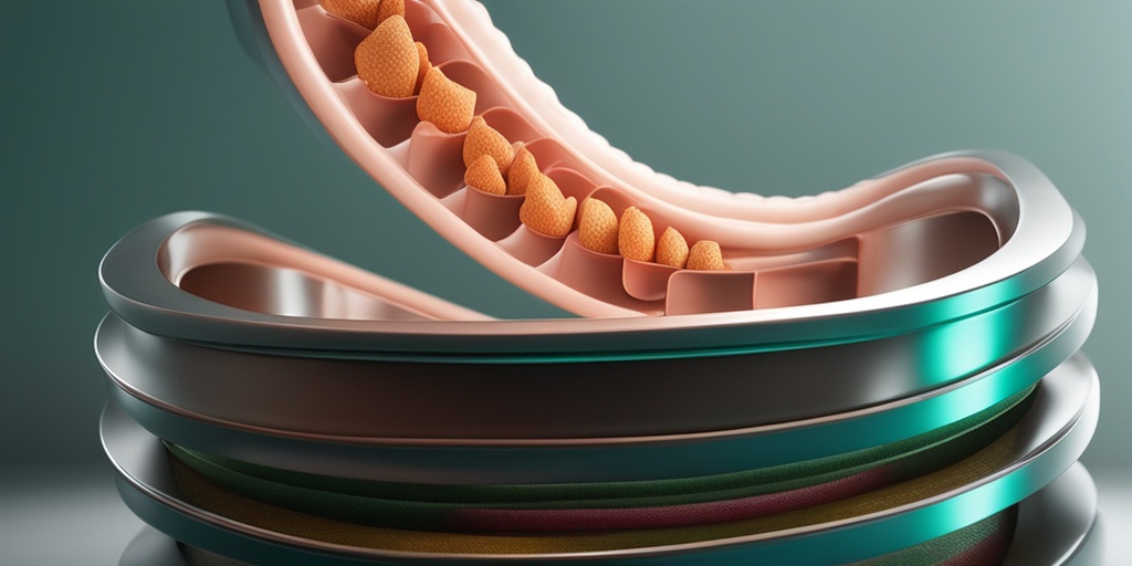 3D illustration of small intestine highlighting risk factors like hernias, adhesions, and inflammatory bowel disease with green and creamy whites.