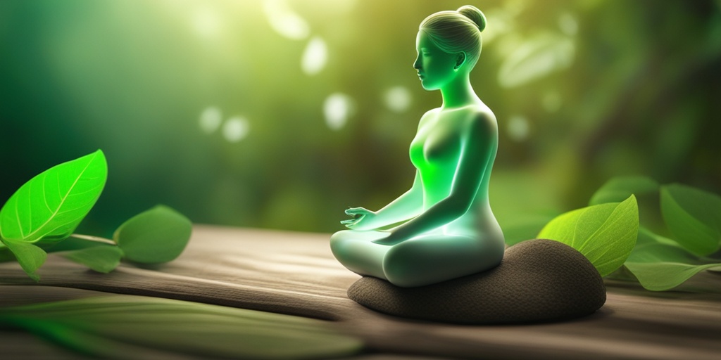 3D render of person's body with energy fields and natural elements for spiritual healing.