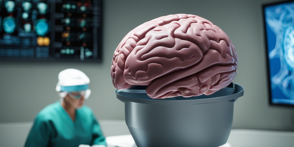 3D rendered brain with tumor surrounded by medical professionals and equipment for treatment options in warm tone.