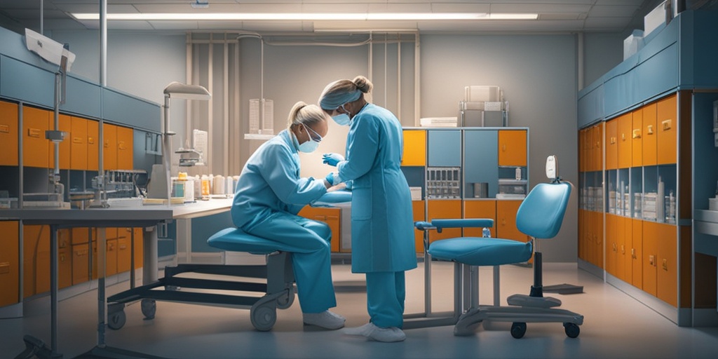 A healthcare professional administers a vaccine to a patient, surrounded by educational materials and medical equipment.