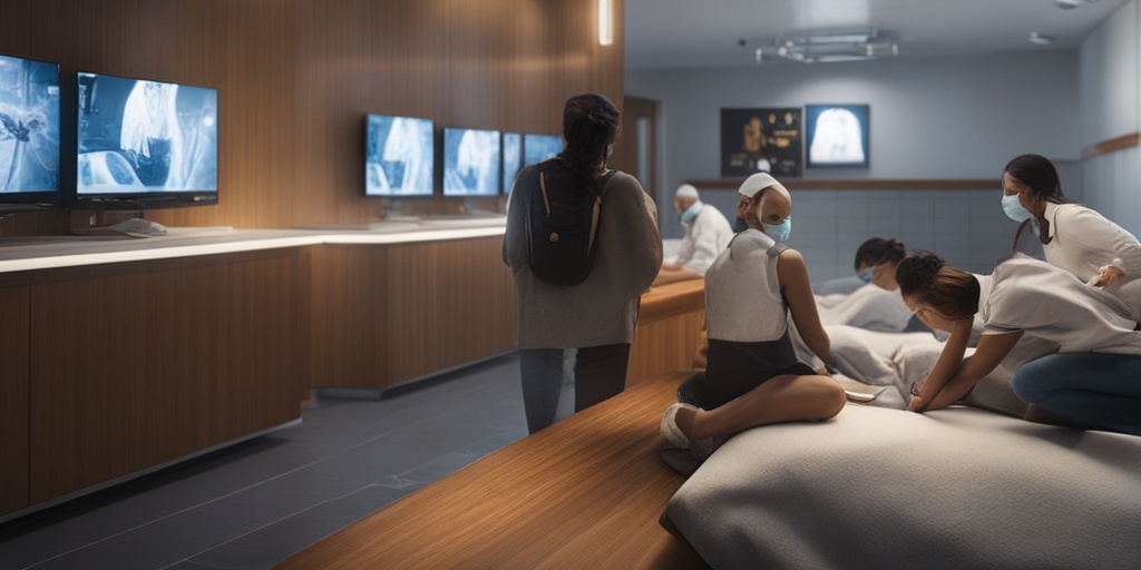 A split-screen image shows a patient recovering in a hospital room and people taking preventive measures in a crowded public area.