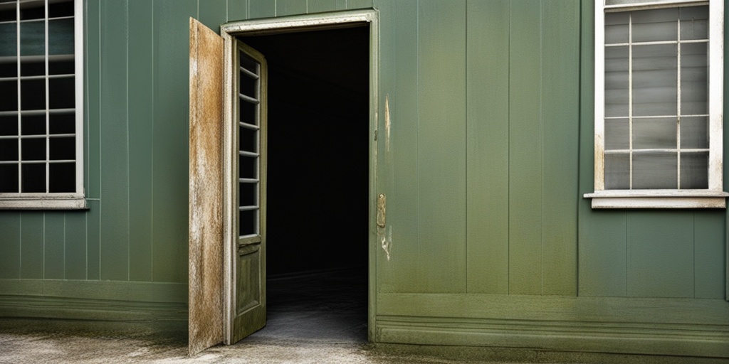 A worn-out door with cracks and scars symbolizes different types of physical abuse, set against a muted green background.