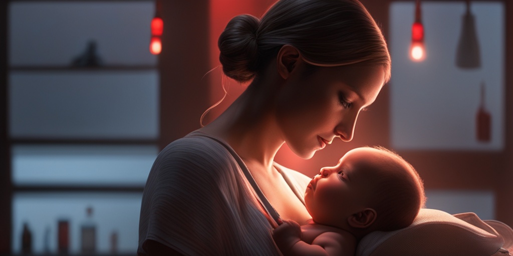 Breastfeeding mother holding her baby with a subtle red glow in the background, emphasizing urgency