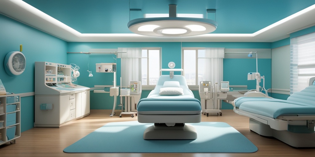 Child receiving treatment for Enterovirus D68 in a hospital room surrounded by medical professionals and equipment with calming colors.