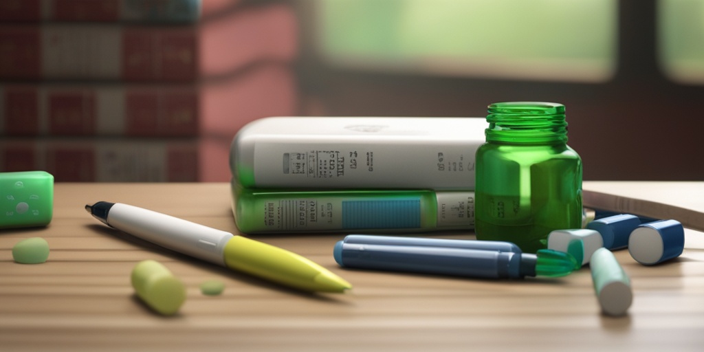 Child with Type 2 Diabetes sits at a table with medications and supplies, highlighting the importance of medication adherence in a calming environment.