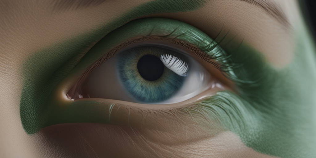 Close-up of Xeroderma Pigmentosum symptoms including skin cancer and eye problems in muted green and blue tones.