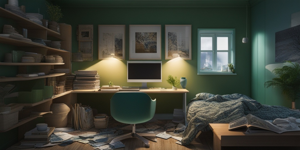 Cluttered room with person struggling to perform daily tasks, surrounded by scattered objects and visual elements of memory loss.