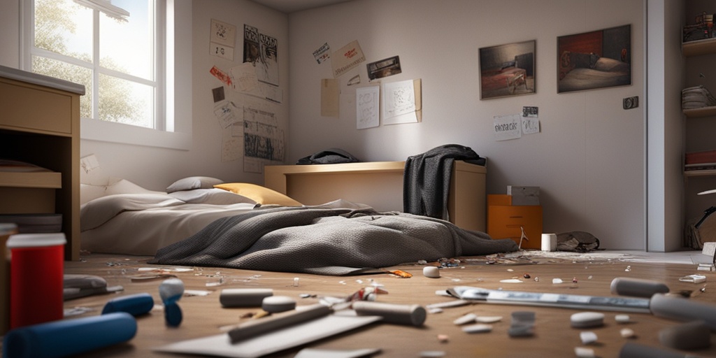 Cluttered teenager's bedroom with signs of drug abuse, illustrating signs and symptoms of teen drug abuse in a muted creamy white background.