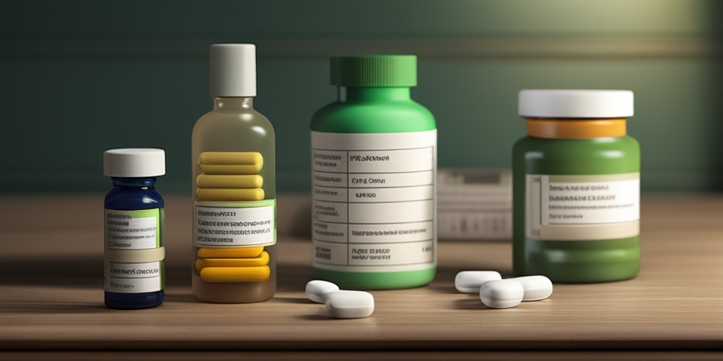 Collection of pills and medication bottles on wooden table, surrounded by medical charts and prescription pads, for treating catatonia.