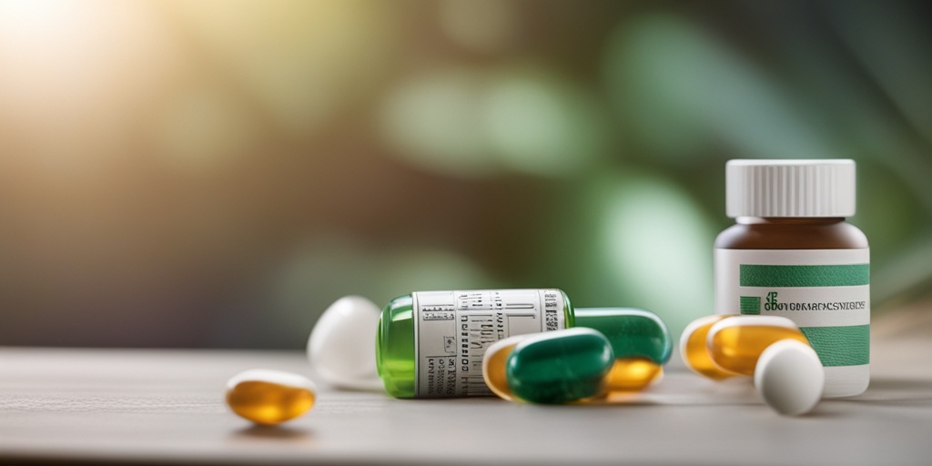 Collection of pills and medications on a table with a blurred image of a person in recovery in the background.