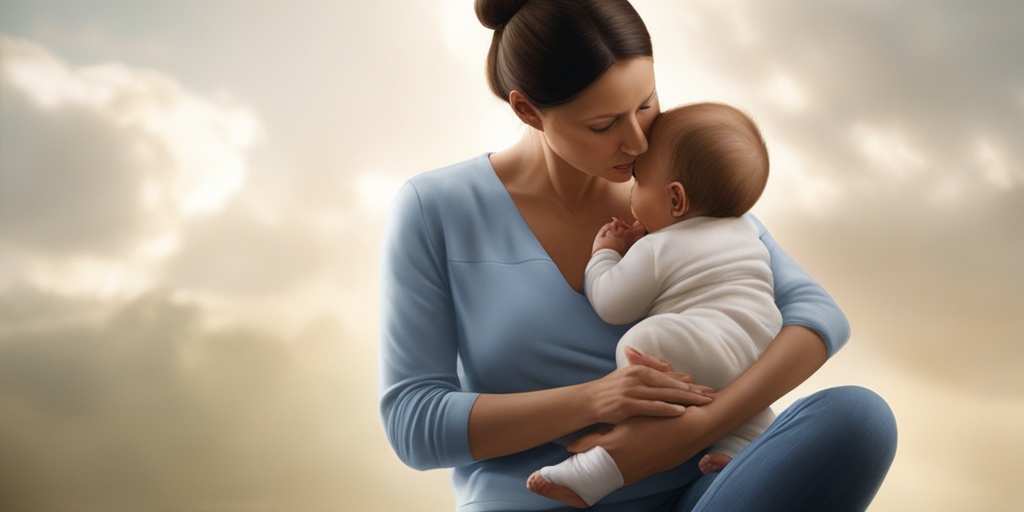 Concerned mother holding infant with subtle hint of brain scan in background, conveying mix of worry and hope.