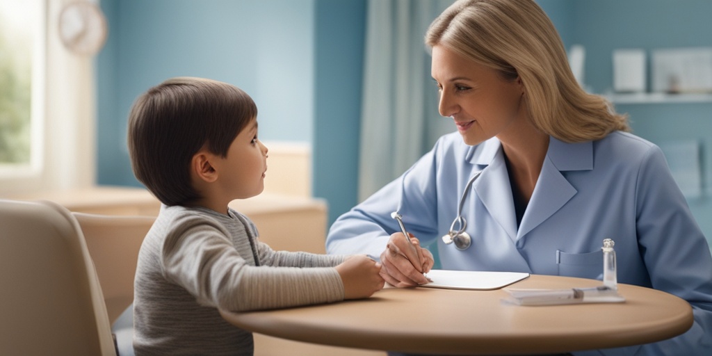 Concerned parent consults with pediatrician about child's thumb-sucking habit in professional blue setting.