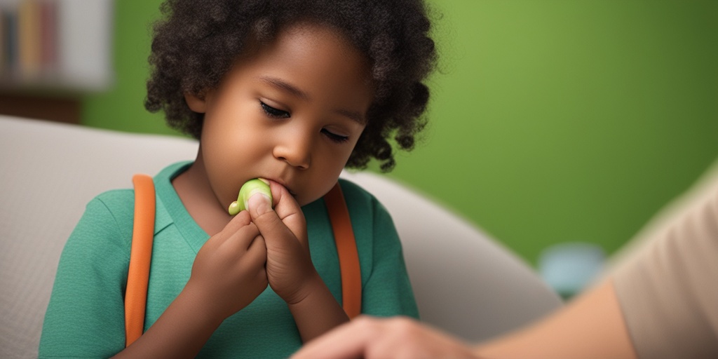 Concerned parent observes child sucking thumb with subtle green background and warm colors.