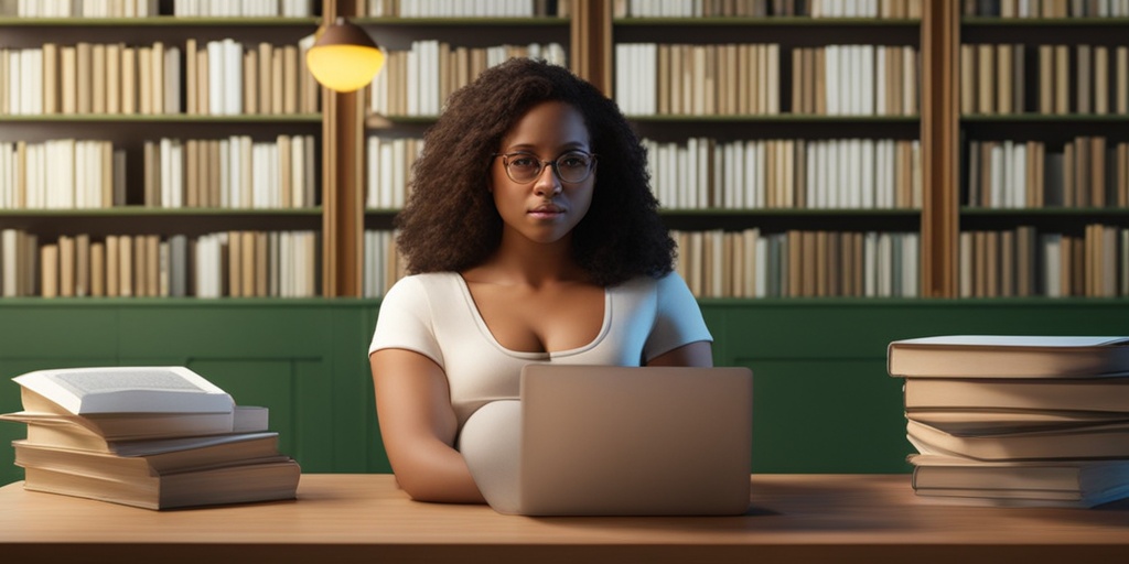 Concerned pregnant woman surrounded by medical books and laptop in dimly lit room.