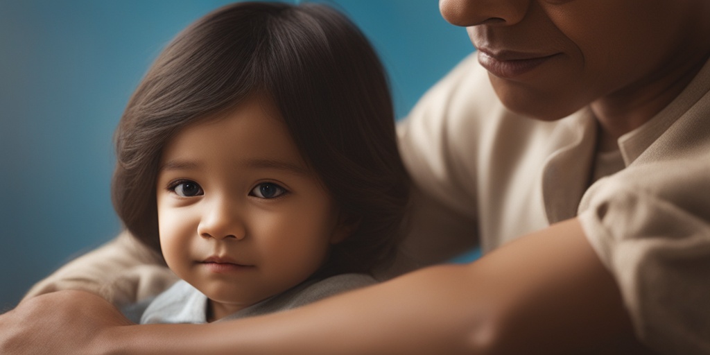 Dehydrated child sitting on parent's lap with water bottle and glass nearby, showing signs of dehydration.