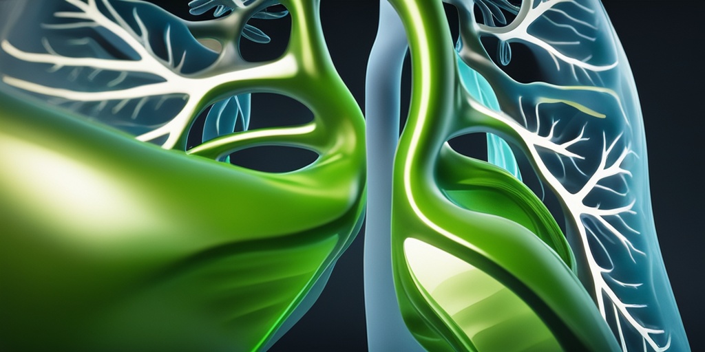 Detailed 3D model of lungs with green tone and blue accents highlighting respiratory health.