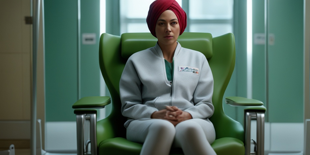 Determined woman undergoing chemotherapy for endometrial cancer in a hospital chair