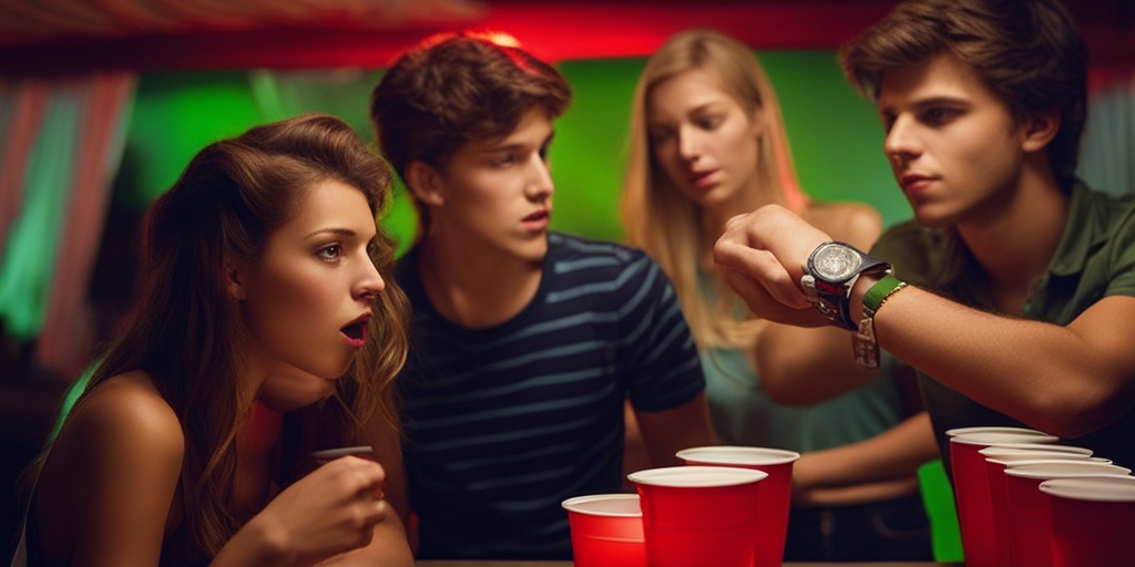 Dimly lit party scene with teenagers holding red cups, hinting at the dangers of underage drinking.