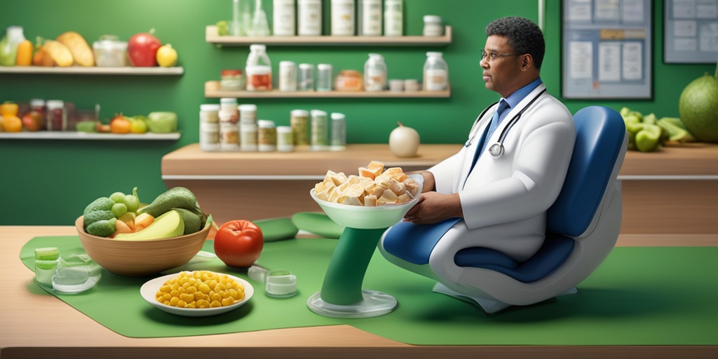 Doctor consulting with a patient, surrounded by healthy food and exercise equipment, against a calming green background.