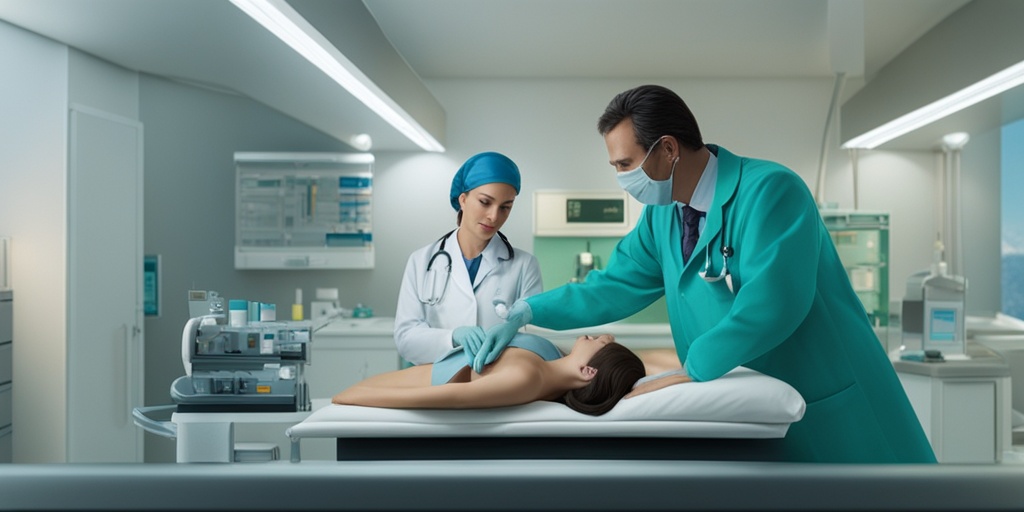 Doctor diagnosing patient with Guenther Porphyria using medical tools and equipment in a calming blue and white setting.