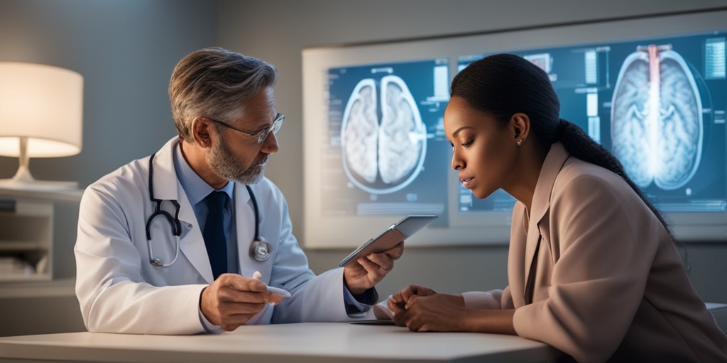 Doctor discusses treatment options with concerned parent in cozy consultation room.