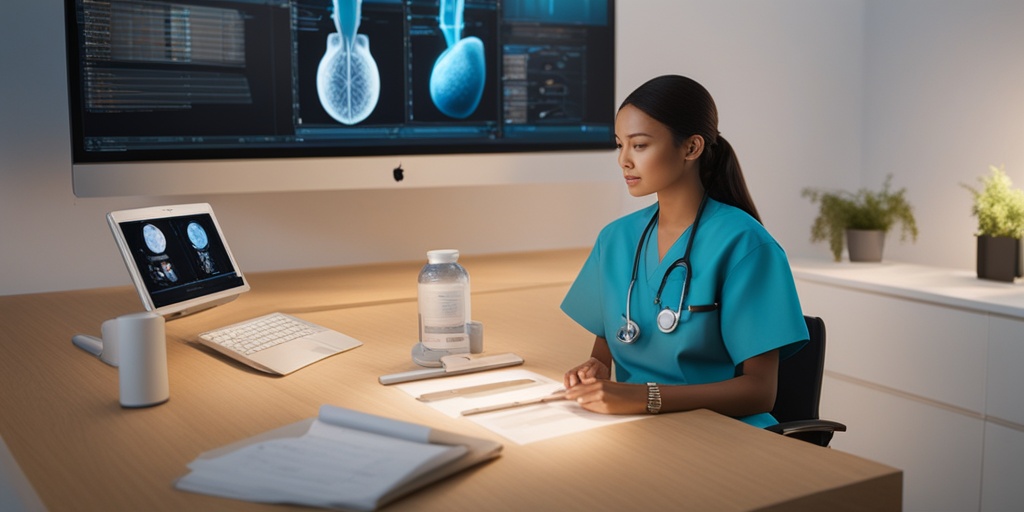 Doctor discussing kidney stone treatment options with patient surrounded by visual aids and calming background.