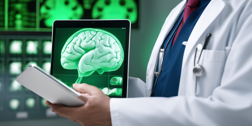 Doctor examining a 3D brain scan on a tablet, highlighting accurate diagnosis in Cranial Arteritis.