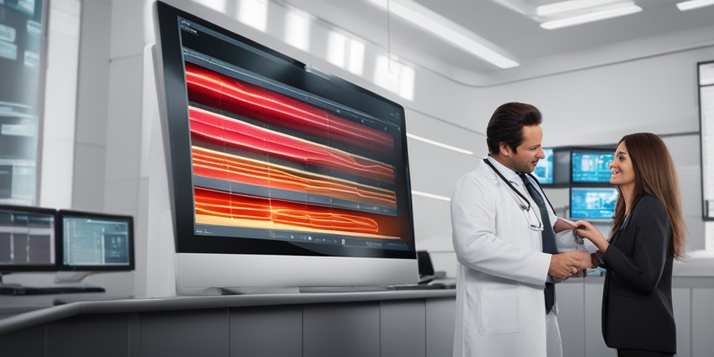 Doctor examining medical chart in front of high-tech monitor against white background