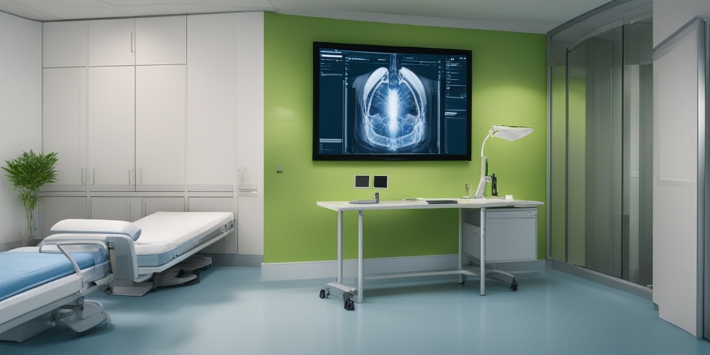 Doctor examining patient in a modern hospital room with advanced medical equipment and calming green tone.